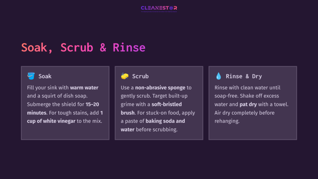 Three-Step Cleaning Guide: Soak With Warm Water And Soap, Scrub With A Sponge, Rinse With Clean Water. Purple Background.
