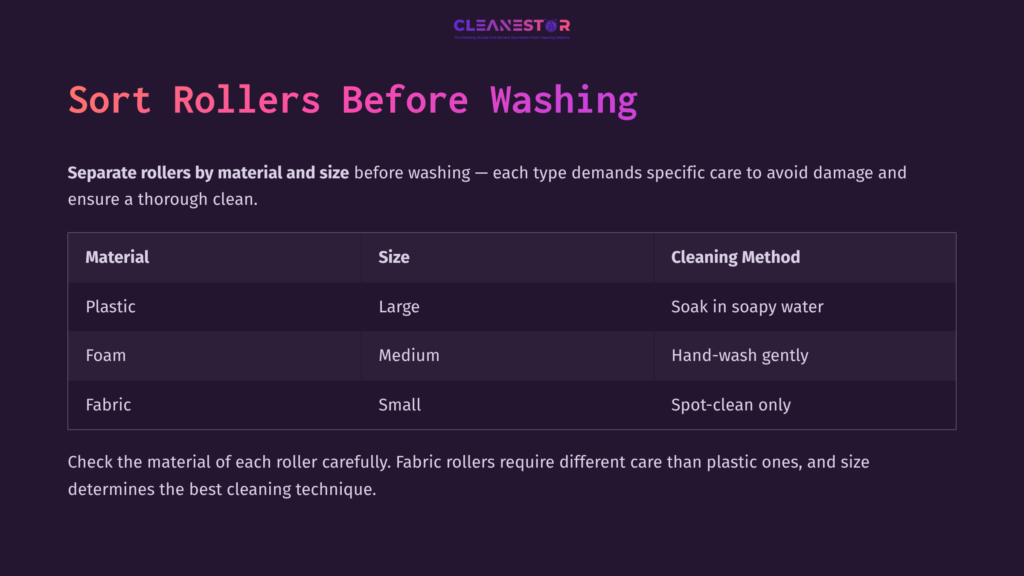 Table With Three Columns Titled Material, Size, And Cleaning Method, Listing Types Of Roller Materials: Plastic, Fabric, And Their Respective Sizes And Care Instructions.