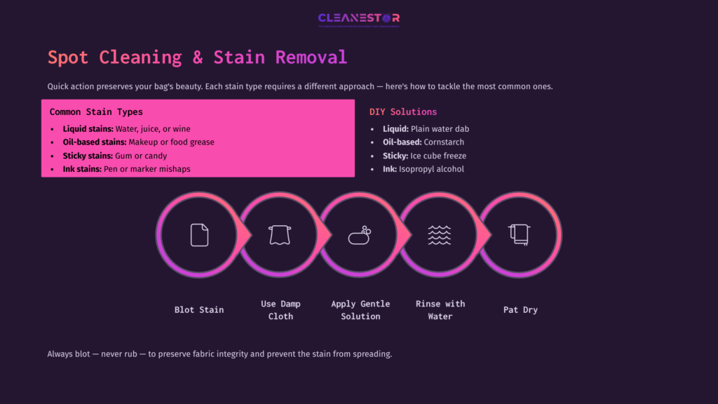 Infographic Detailing Spot Cleaning Tips For Various Stains, Featuring Icons And Steps In A Circular Layout With A Dark Background.