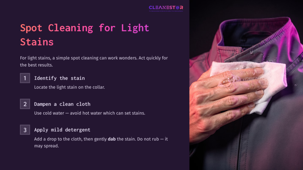 5 Spot Cleaning For Light Stains A Person Dabbing A Stained Collar With A Cloth, With Instructions On Cleaning Light Stains On A Purple Background.