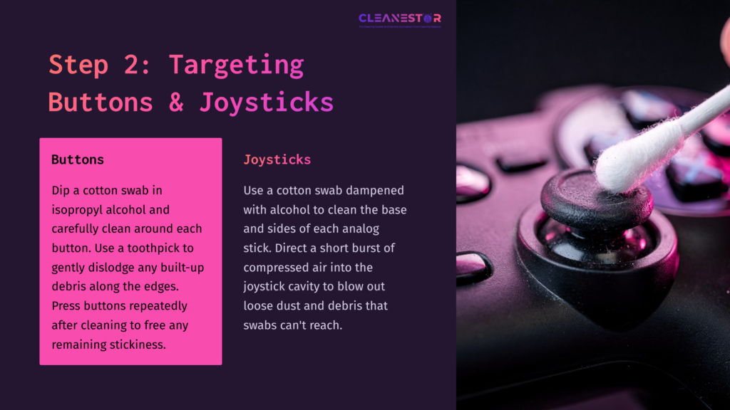 A Close-Up Of A Ps3 Controller With A Cotton Swab Cleaning The Joystick, Against A Split Background Of Purple And Black.