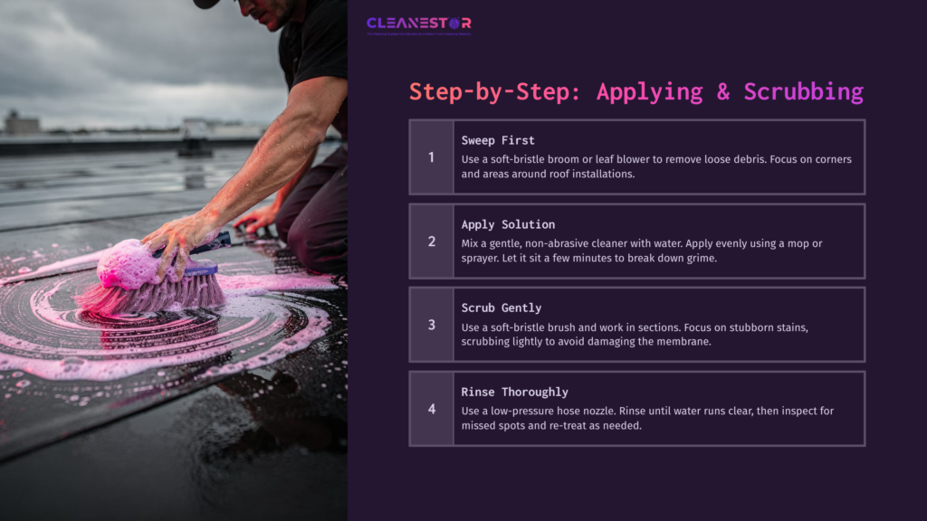 5 Step By Step Applying And Scrubbing Step-By-Step Guide For Cleaning An Epdm Roof, Featuring A Person Scrubbing With A Brush And A Pink Cleaning Solution On A Dark Surface.
