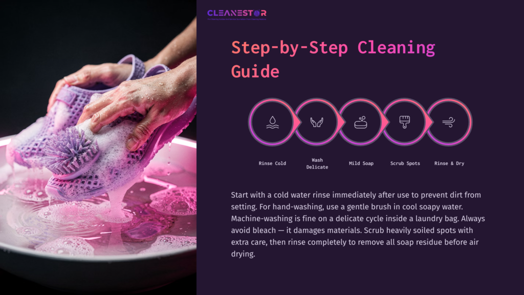 5 Step By Step Cleaning Guide 10 Person Hand Washing Purple Water Shoes In Soapy Water, Surrounded By A Pink Bowl And Cleaning Instructions. Background Is Dark Purple.