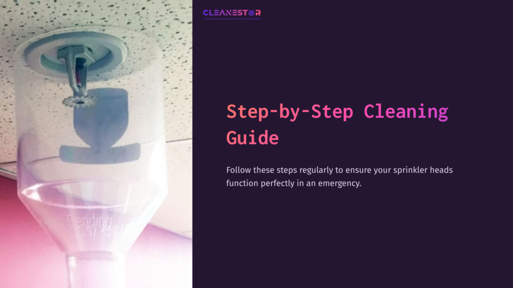 Close-Up Of A Fire Sprinkler Head Mounted On A Ceiling, With A Clear Funnel For Cleaning. Text On The Side Details A Cleaning Guide.