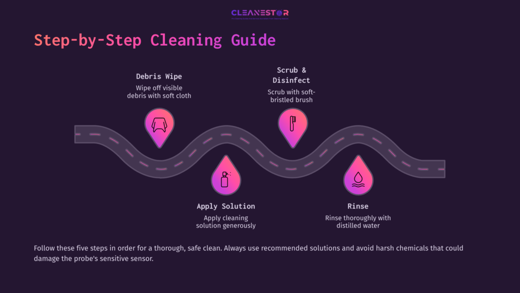 Step-By-Step Cleaning Guide With Pink Icons On A Dark Background. Displays A Winding Path Illustrating Cleaning Tasks: Wipe, Scrub, Apply Solution, Rinse.