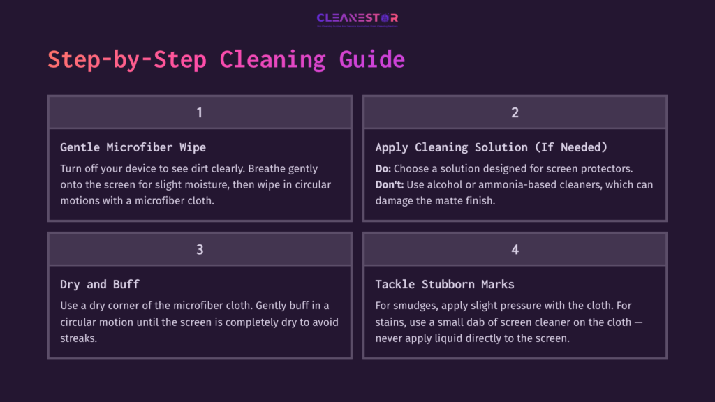 Step-By-Step Guide To Cleaning A Paperlike Screen Protector, Featuring Numbered Instructions, A Purple Background, And A Clean Layout.