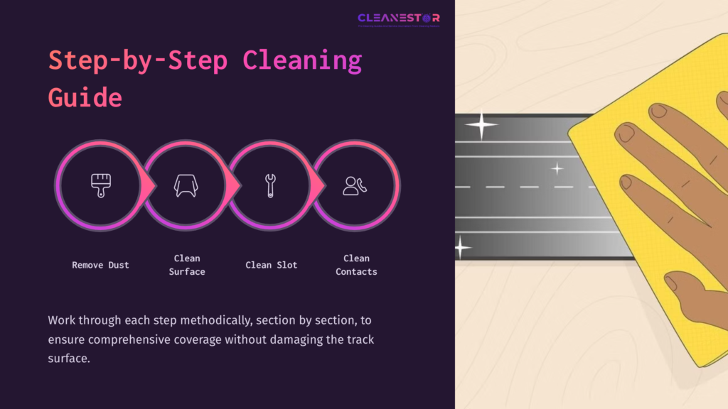 5 Step By Step Cleaning Guide 19 Visual Guide Outlining A Slot Car Track Cleaning Process With Icons For Dust Removal, Surface Cleaning, Slot Cleaning, And Contact Maintenance.