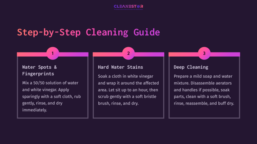 Step-By-Step Cleaning Guide For Kohler Brushed Gold Faucets, Featuring Three Clear Sections On Cleaning Techniques With Colorful Icons.