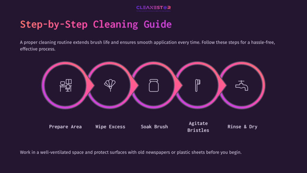 Five-Step Graphic Guide Featuring Icons For Cleaning Brushes: Prepare Area, Wipe Excess, Soak, Agitate Bristles, And Rinse/Dry.