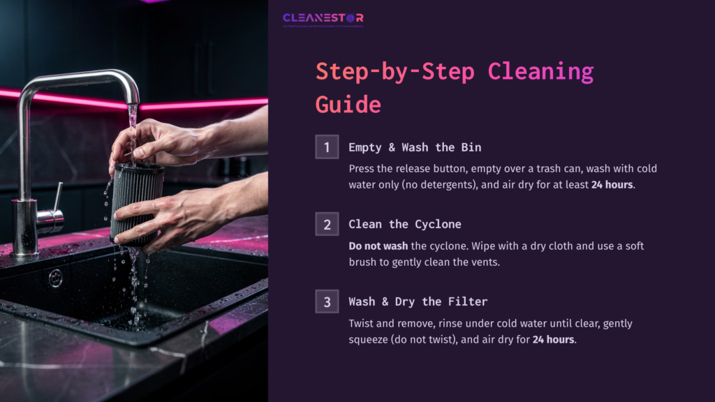 Hands Wash A Dyson V15 Bin Under Running Water In A Dark Sink, With Vibrant Pink Lights Reflecting In The Background.