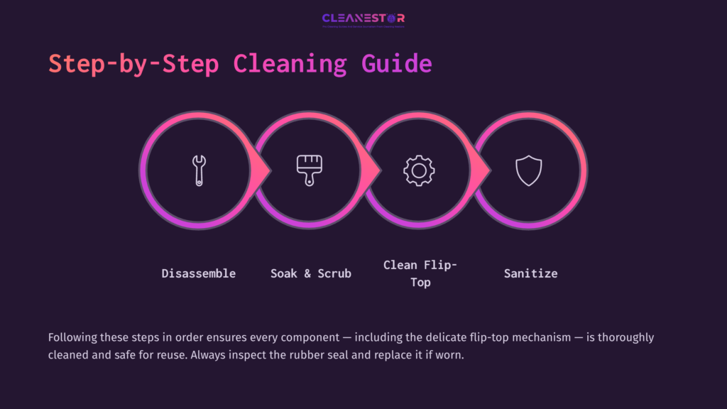 Step-By-Step Cleaning Guide Featuring Icons For Disassembling, Soaking, Flipping, And Sanitizing Flip-Top Bottles On A Dark Background.