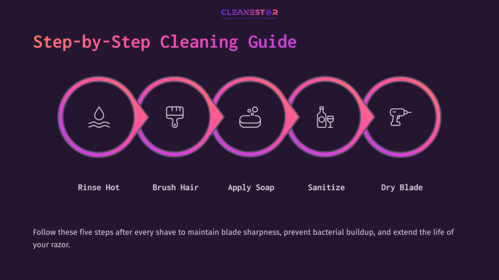 Step-By-Step Cleaning Guide With Five Icons: Water Droplet, Brush, Soap, Sanitizer, And A Razor Blade On A Dark Background.