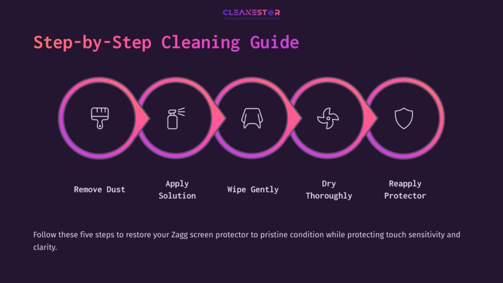 5 Step By Step Cleaning Guide 5 Step-By-Step Guide With Icons: Dust Removal, Solution Application, Gentle Wipe, Drying, And Reapplying A Zagg Screen Protector.