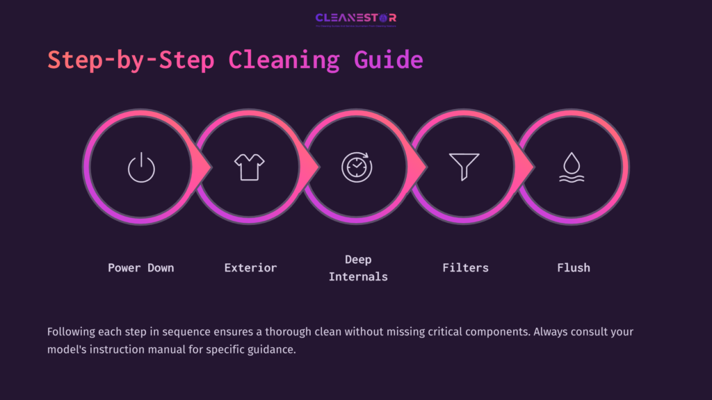 Step-By-Step Cleaning Guide For Kangen Machine, Featuring Five Colorful Icons Representing Cleaning Tasks: Power Down, Exterior, Deep Internals, Filters, And Flush.