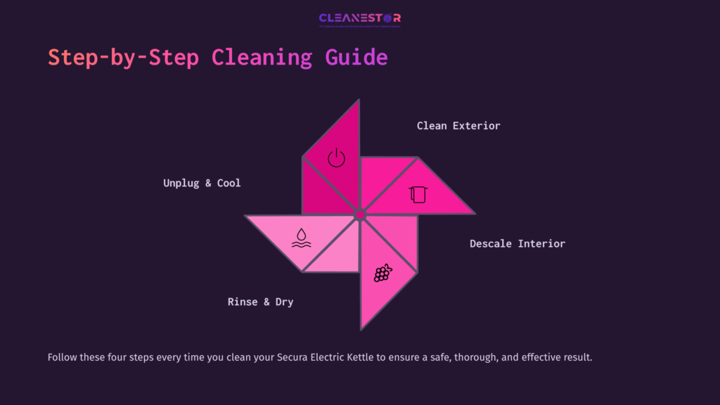 Step-By-Step Guide In A Pink And Purple Layout, Featuring Instructions: Unplug, Clean Exterior, Rinse And Dry, Descale Interior.