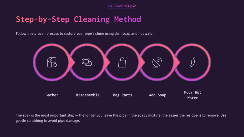 Infographic With Five Icons In A Circular Layout: Gather, Disassemble, Bag Parts, Add Soap, Pour Hot Water, On A Dark Background.