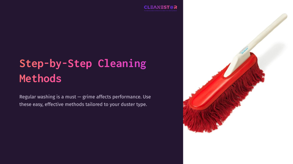 Red Car Duster With A White Handle Set Against A Plain Background, Accompanied By Cleaning Tips In Purple Text.