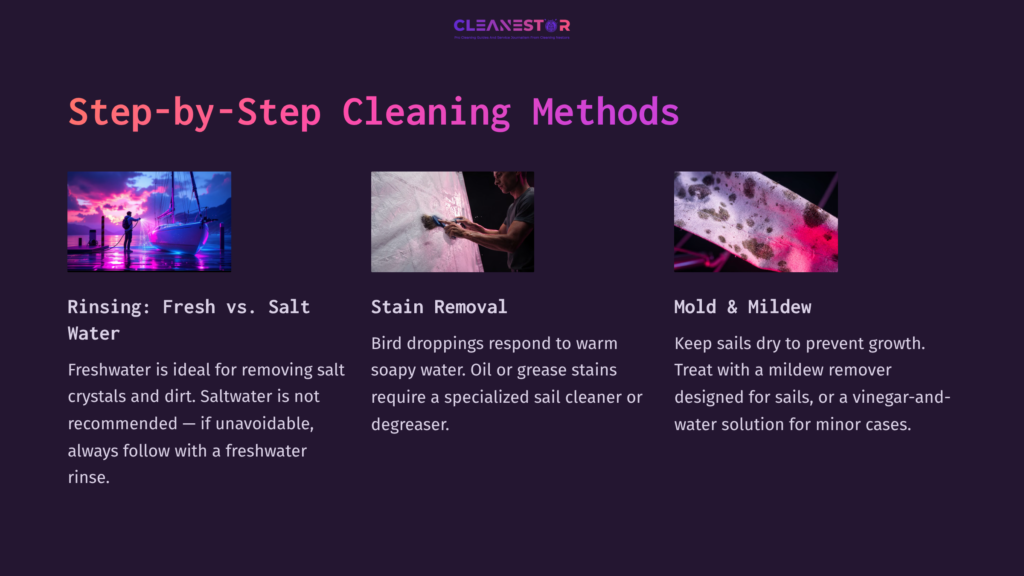 5 Step By Step Cleaning Methods Three-Step Cleaning Guide: Rinsing With Freshwater, Stain Removal Tips, And Mold Prevention, Set Against A Vibrant Purple Background.