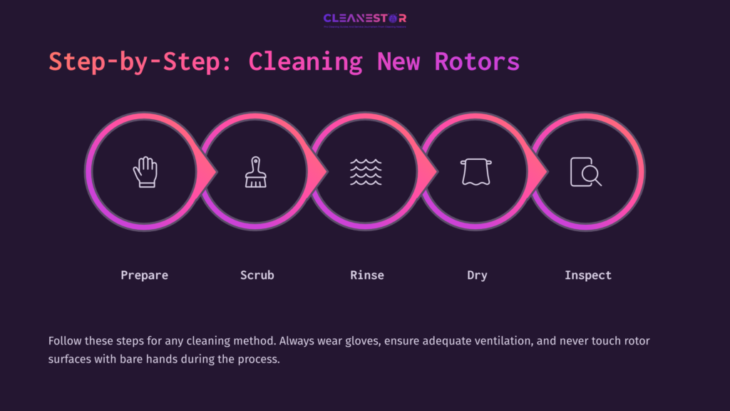 Graphic With Five Steps For Cleaning New Rotors: Prepare, Scrub, Rinse, Dry, Inspect. Each Step Is Represented By An Icon And Connected By Arrows.