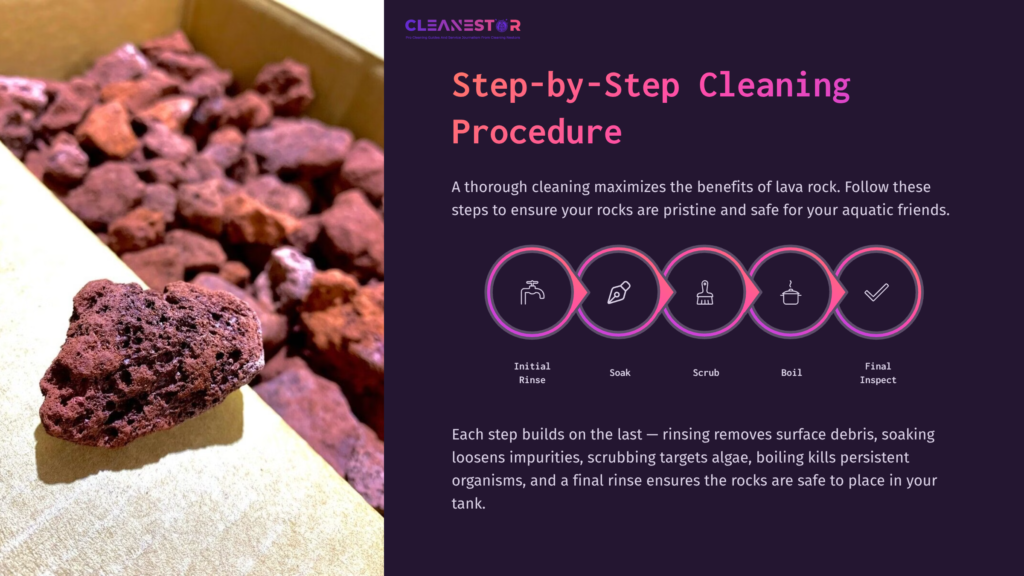 Lava Rocks In A Container Next To A Guide, Featuring A Purple Layout With Cleaning Steps And Icons For Rinsing, Soaking, Scrubbing, And Final Inspection.