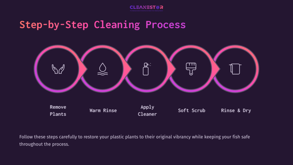 5 Step By Step Cleaning Process 1 Step-By-Step Cleaning Process For Aquarium Plants With Icons Indicating Removal, Rinsing, Applying Cleaner, Scrubbing, And Drying On A Dark Background.