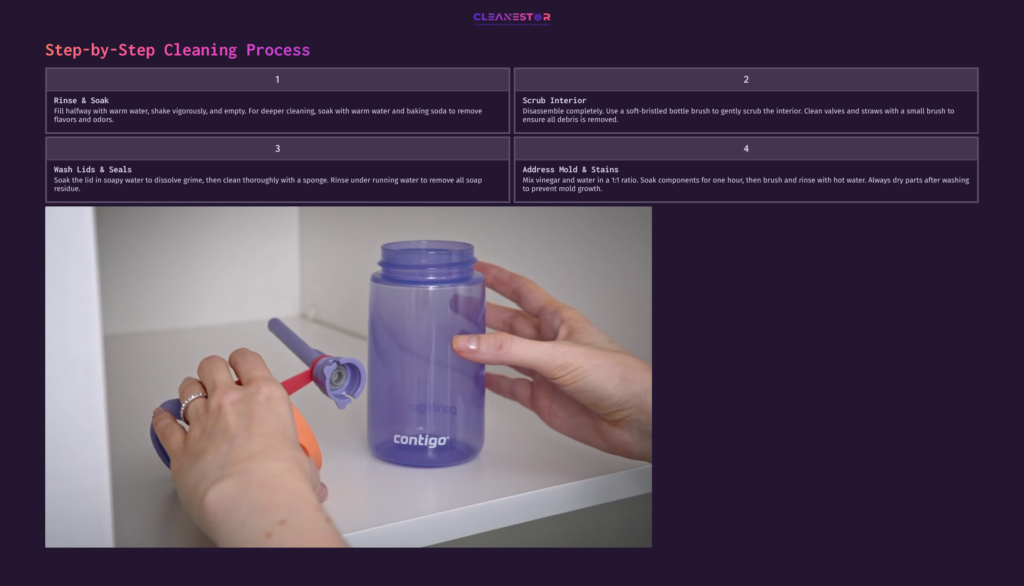 A Person Holds A Contigo Water Bottle, Positioned On A Light Surface, As They Clean It With An Orange Brush, Surrounded By Cleaning Instructions.
