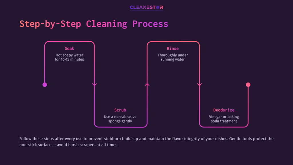 Step-By-Step Guide On Cleaning An Air Fryer Basket: Soak, Scrub, Rinse, And Deodorize, With Icons And Arrows On A Dark Background.