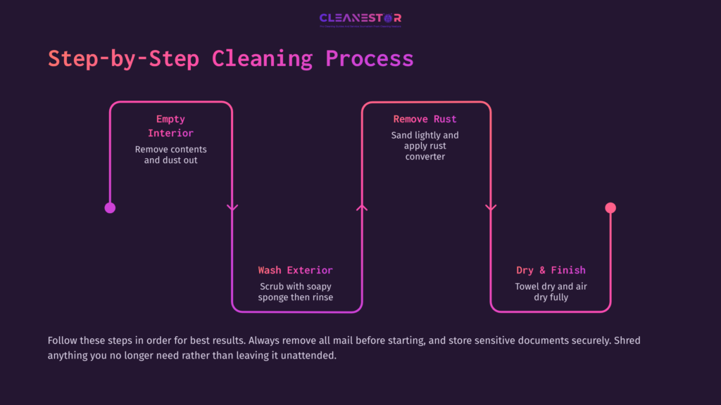 Step-By-Step Cleaning Process Flowchart: Includes Steps To Empty, Wash, Remove Rust, And Dry A Mailbox, With Purple Background And White Text.