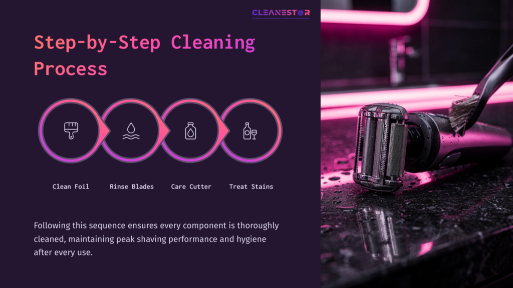 Foil Shaver On A Dark Countertop With Cleaning Icons In A Circular Layout And Pink Neon Lighting, Outlining A Cleaning Process.