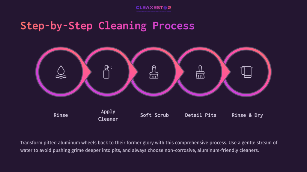 Step-By-Step Guide With Pink And Purple Circles Outlining The Cleaning Process For Pitted Aluminum Wheels: Rinse, Apply Cleaner, Scrub, Detail, Rinse, And Dry.
