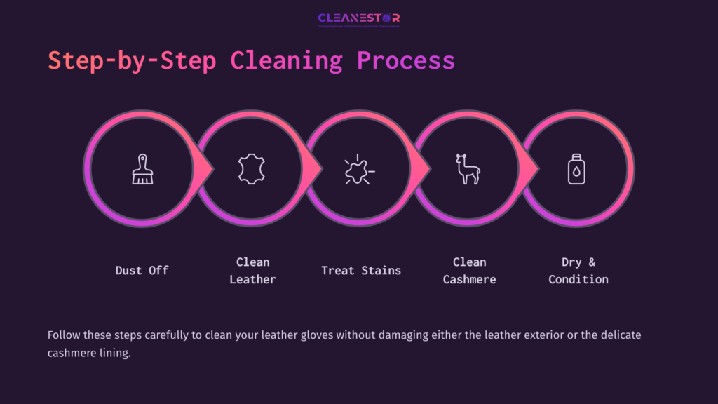 Infographic With A Step-By-Step Cleaning Process For Leather Gloves, Featuring Icons For Dusting, Cleaning, Stain Treatment, Cashmere Care, And Conditioning.
