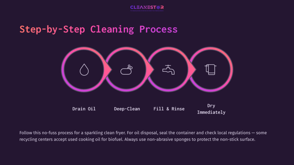 Four Circular Icons In A Purple Layout: Oil Droplet, Sink, Water, And Drying Container, Illustrating A Step-By-Step Cleaning Process.