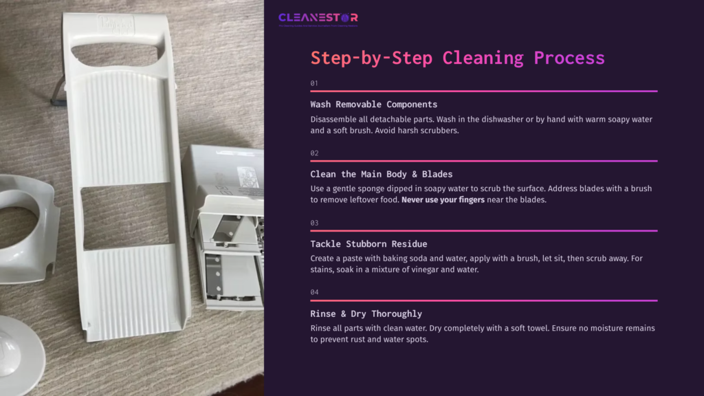 Pampered Chef Mandoline With Removable Parts Laid Out On A Light Surface, Alongside Cleaning Instructions In Organized Steps.