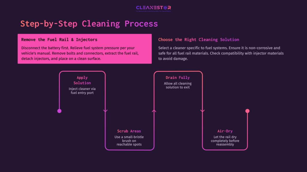 Flowchart Detailing A Fuel Rail Cleaning Process With Steps: Remove Components, Apply Solution, Scrub, Drain, And Air-Dry.