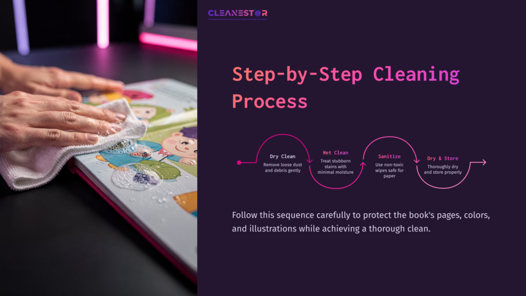A Person Wipes A Colorful Board Book With A Cloth, Showcasing Vibrant Illustrations. A Guide Outlines A Cleaning Process Beside It.