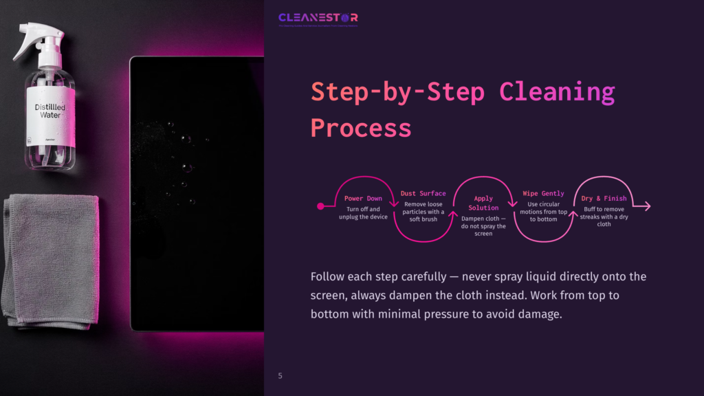 A Spray Bottle And A Microfiber Cloth Are Positioned Next To A Dark Screen With Droplets, Outlined By Bright Pink Accents And Instructions.