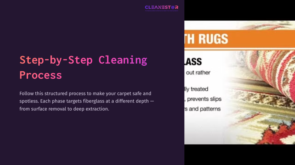A Step-By-Step Cleaning Guide With A Purple Background, Outlining Methods To Safely Remove Fiberglass From Carpets.