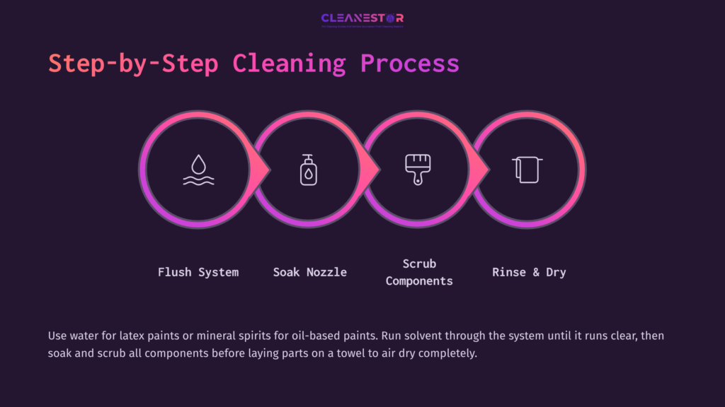 5 Step By Step Cleaning Process 6 Graphic Illustrating A Step-By-Step Cleaning Process For The Graco 360 Paint Sprayer, Featuring Icons For Flushing, Soaking, Scrubbing, And Rinsing.