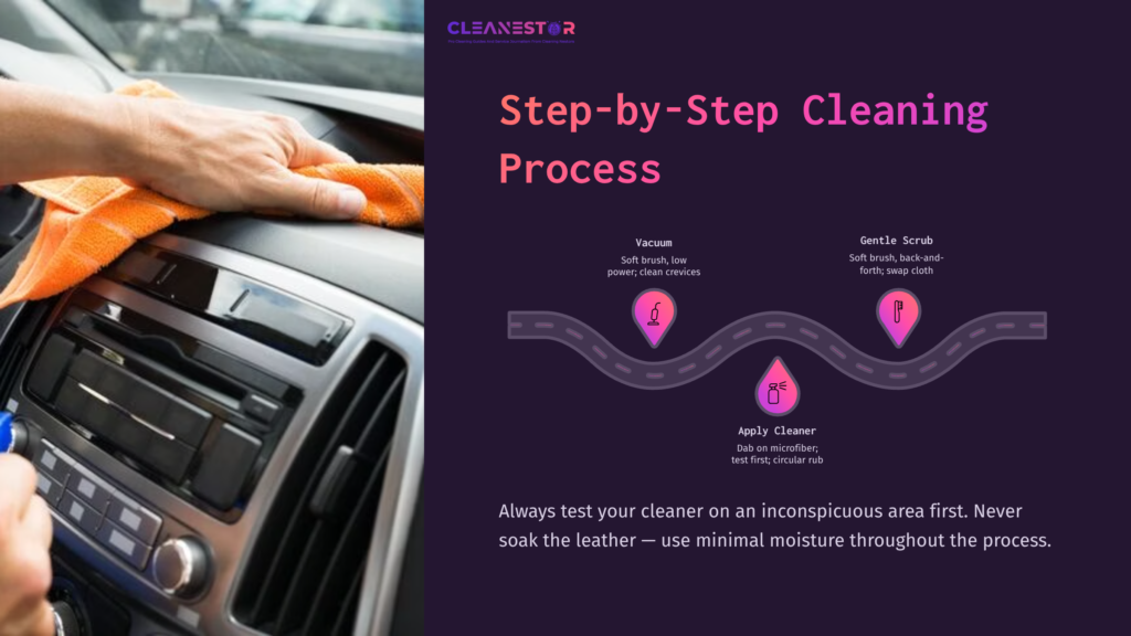 A Hand Holding An Orange Microfiber Cloth Wipes A Leather Dashboard, With Cleaning Steps Outlined In Purple Text On The Side.