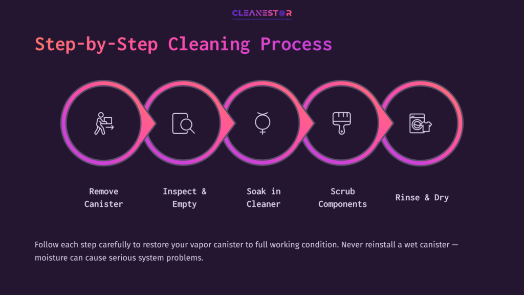 5 Step By Step Cleaning Process 8 Colorful Infographic Outlining A Step-By-Step Cleaning Process For A Vapor Canister, Featuring Five Steps In Circular Icons.