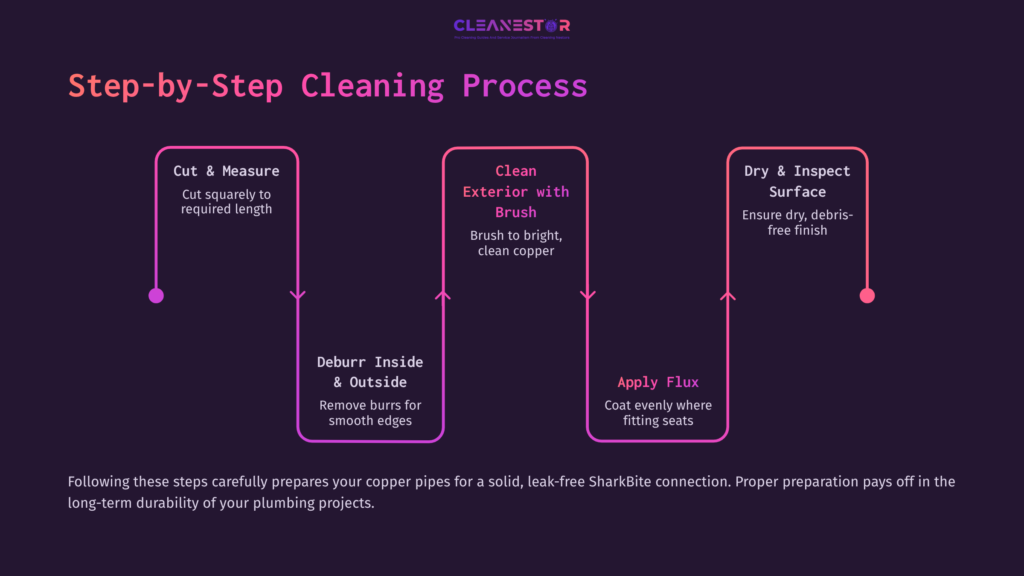 Flowchart Outlining A Step-By-Step Process To Clean Copper Pipe, Featuring Pink Arrows And White Text On A Dark Purple Background.