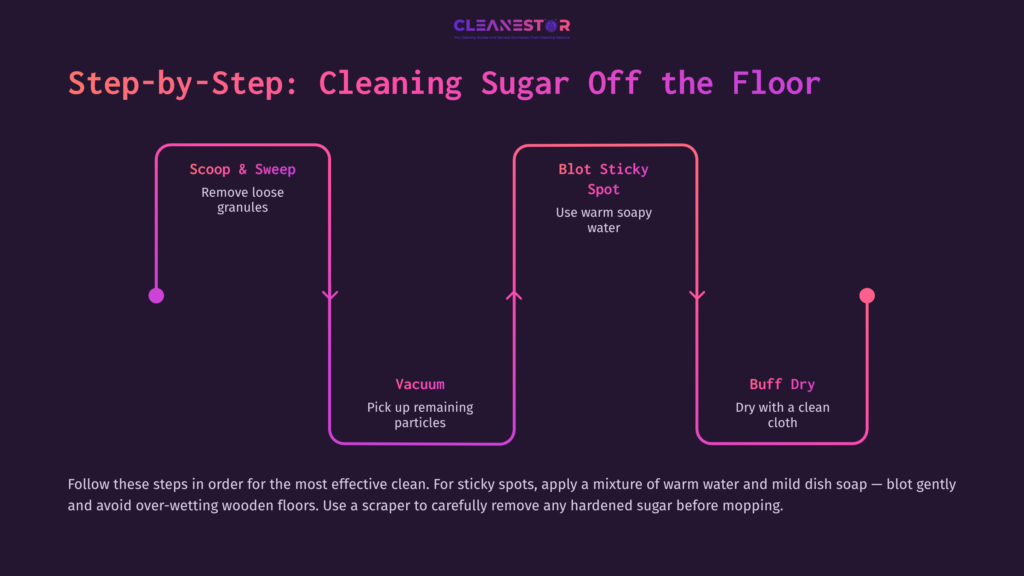 Infographic Outlining Steps To Clean Sugar Off The Floor: Scoop, Vacuum, Blot With Soapy Water, And Buff Dry With A Cloth. Purple And Pink Color Scheme.