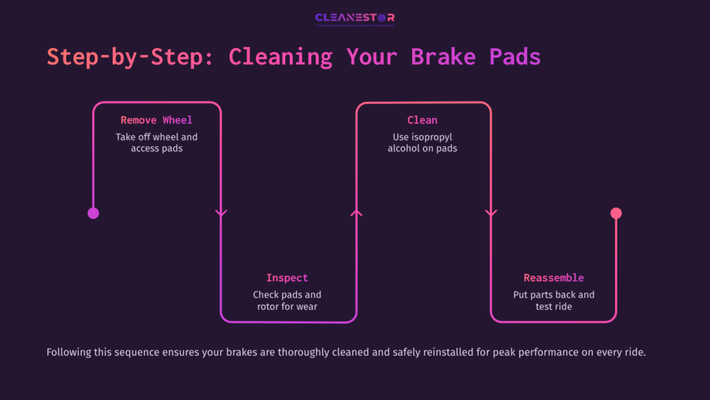 Step-By-Step Infographic Illustrating The Process Of Cleaning Bike Brake Pads With Three Main Stages: Remove, Inspect, Clean, And Reassemble.