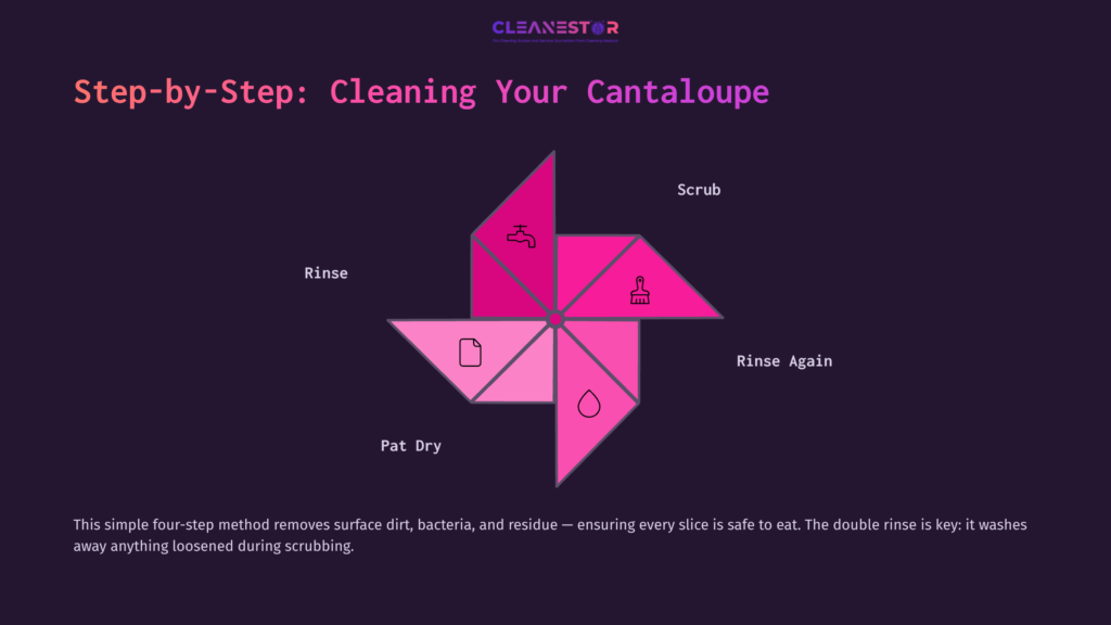 A Pink And Purple Graphic Illustrating A Four-Step Process To Clean A Cantaloupe, Featuring Icons For Scrubbing, Rinsing, And Drying.