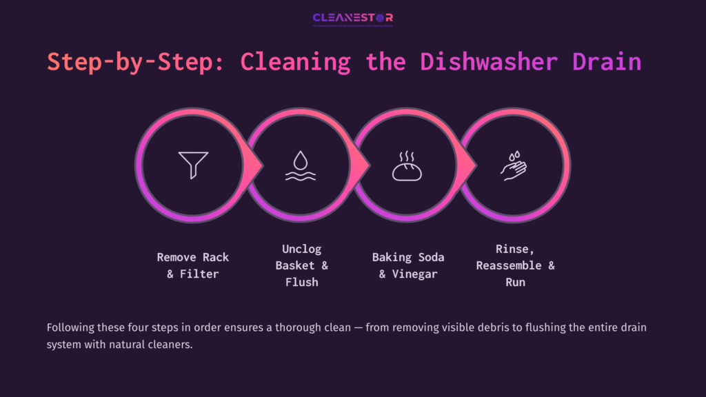 Four Pink Circles On A Dark Background, Detailing Steps For Cleaning A Dishwasher Drain: Remove Parts, Unclog, Use Soda And Vinegar, Rinse.