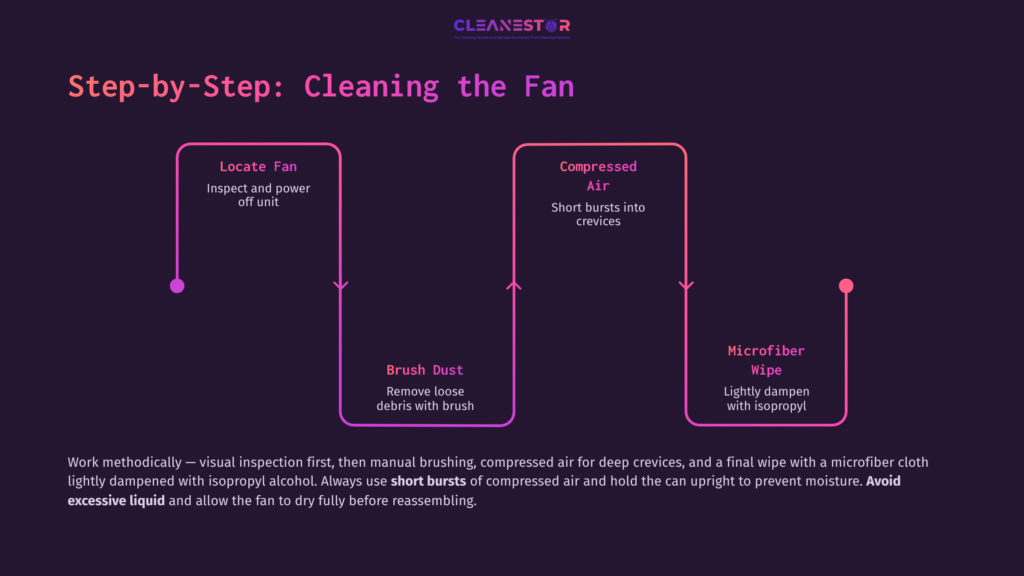 Flowchart Guiding The Fan Cleaning Process, Featuring Pink Arrows, Black Background, And Step Descriptions With Icons For Cleaning Tools.
