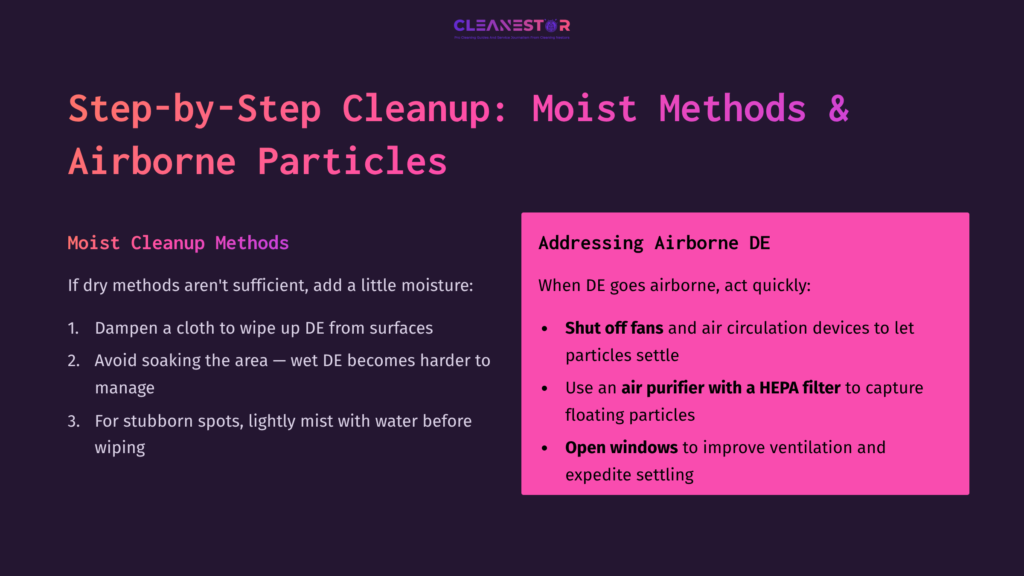 Visual Guide With Step-By-Step Instructions On Cleaning Diatomaceous Earth, Featuring Bold Text And Highlighted Tips On Moisture Methods.