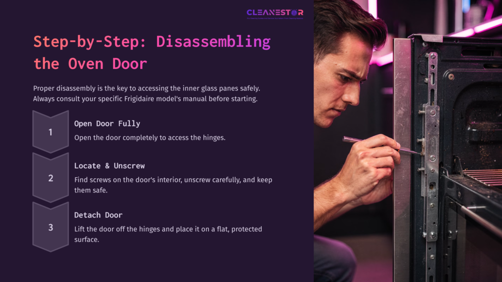 A Person Is Using A Tool To Unscrew The Inner Parts Of A Black Oven Door, With Pink Lighting In The Background. Instructions Are Displayed.
