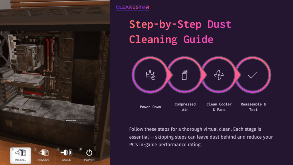 A Pc Case With Visible Dust, Alongside A Guide Showing Steps: Power Down, Use Compressed Air, Clean Components, And Test.