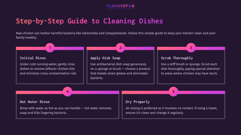 Infographic With A Dark Background Outlining Five Steps To Clean Dishes After Handling Raw Chicken, Featuring Colorful Text And Icons.